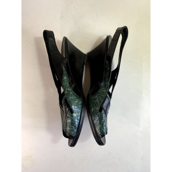 Vintage 70s Pointed Toe Slingback SnakeSkin Wedge Shoe Black Green Women's 38/7 - Picture 3 of 9